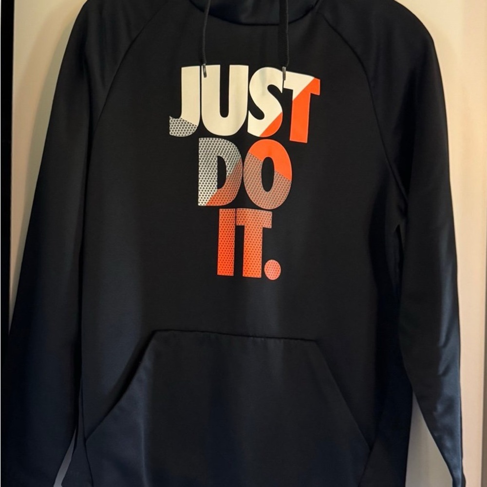 Nike Black Hoodie with Bold Orange and White Text